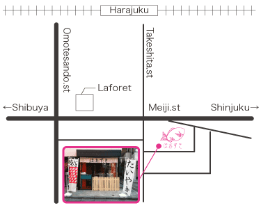 原宿駅から竹下通りを通り、ほおずきまでの地図
